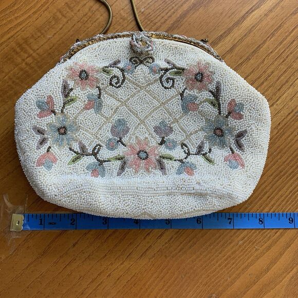 Vintage 50s Ed B. Robinson Micro Bead Handbag Made In France Floral Coquette - Picture 14 of 16